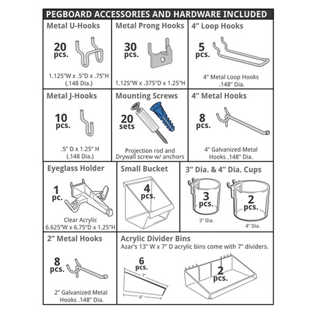 Azar Displays 125-Piece Pegboard Organizer Kit (2 - 24"x24") 900988-BLK